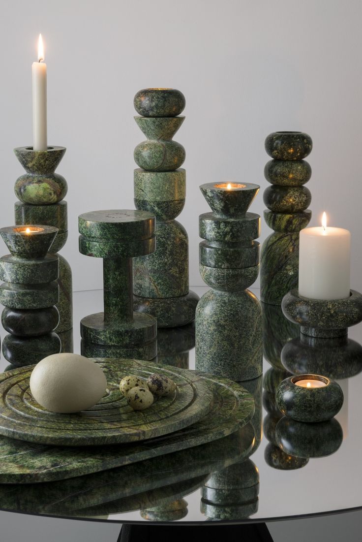Green Marble Candle Holder // Leora Candle Stand (Set of 2)
