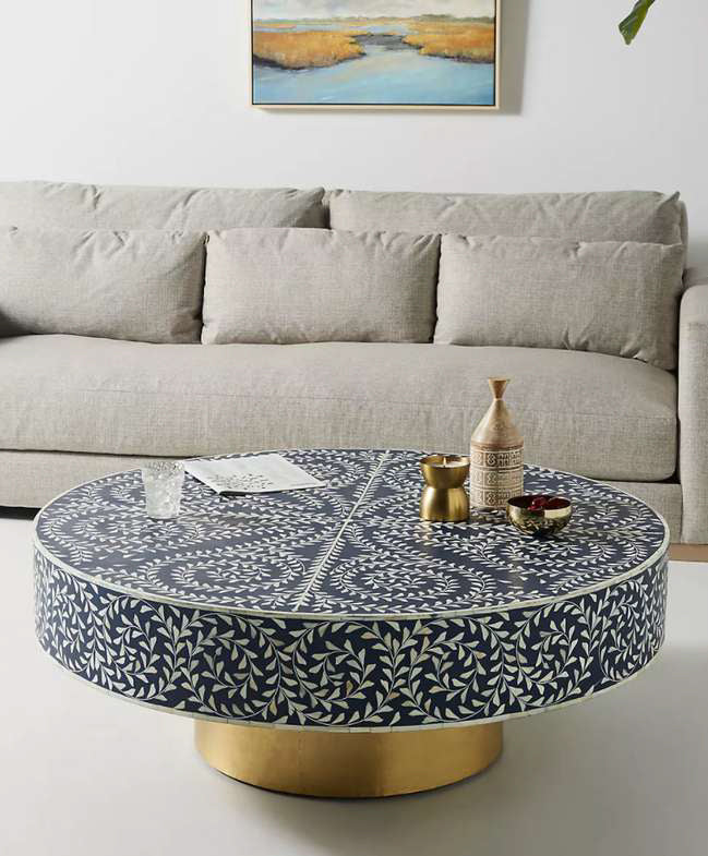 Azure Blossom Inlay Round Coffee Table
